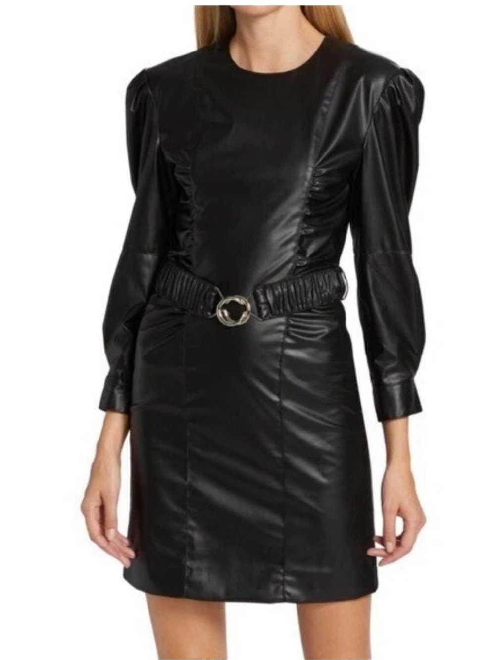 Derek Lam Black vegan Leather Puff-Sleeve Mini Dress. Leighton belted